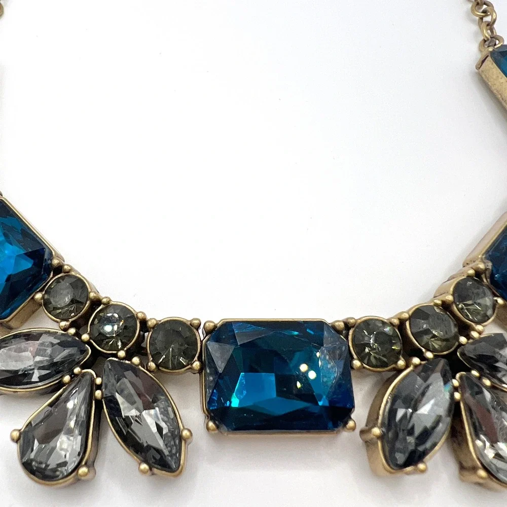 J.Crew Blue Smoky Grey Crystal Statement Bib Necklace Antiqued Brass Tone 18